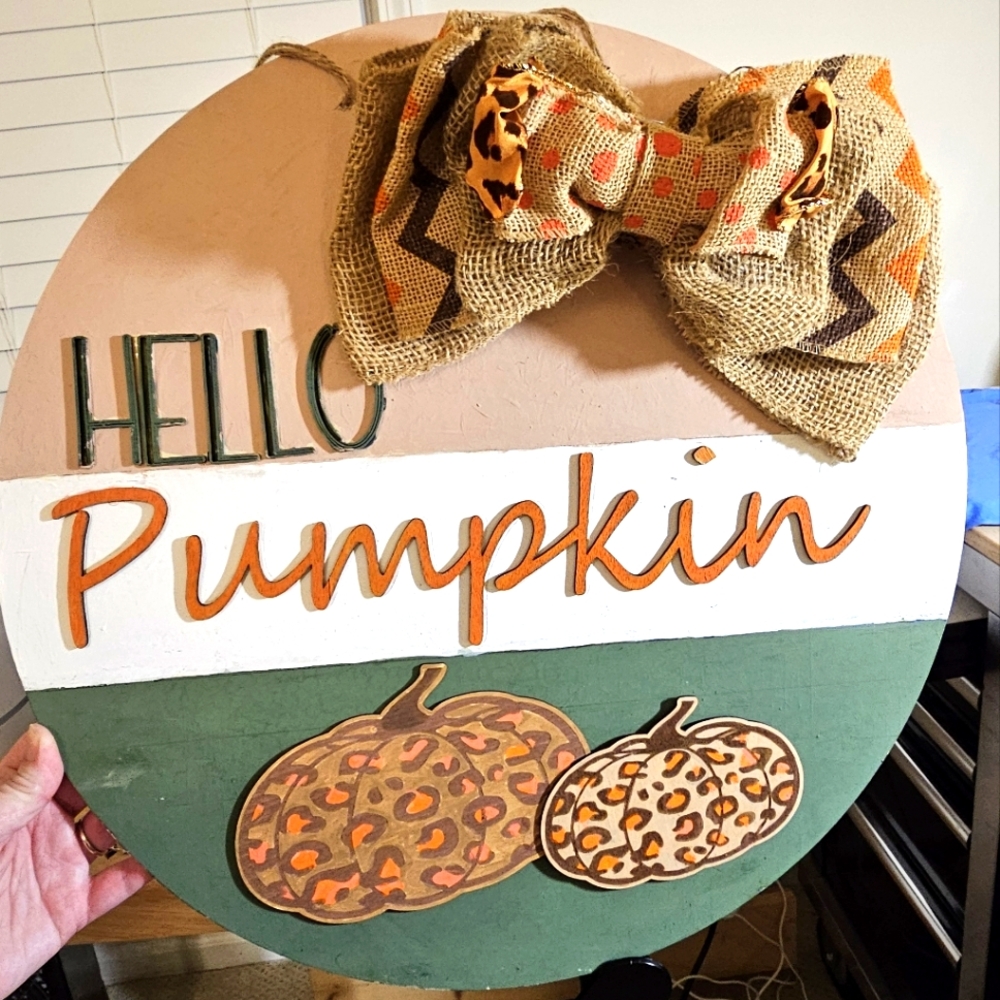 Hello Pumpkin door hanger Leopard print pumpkins 16 in